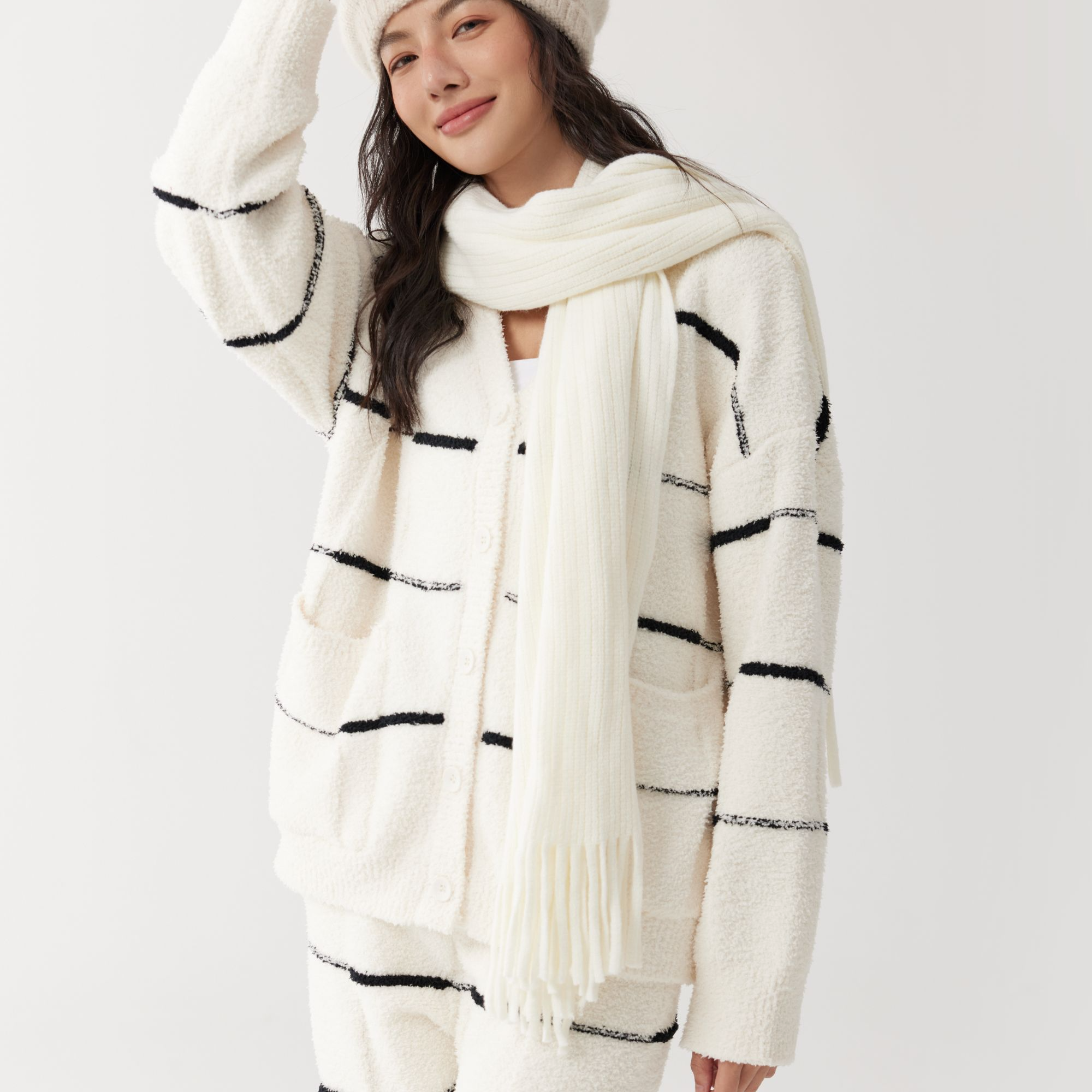 云朵鸟-经典黑白条V领软绵宽松设计师可外穿开衫半边绒家居服套