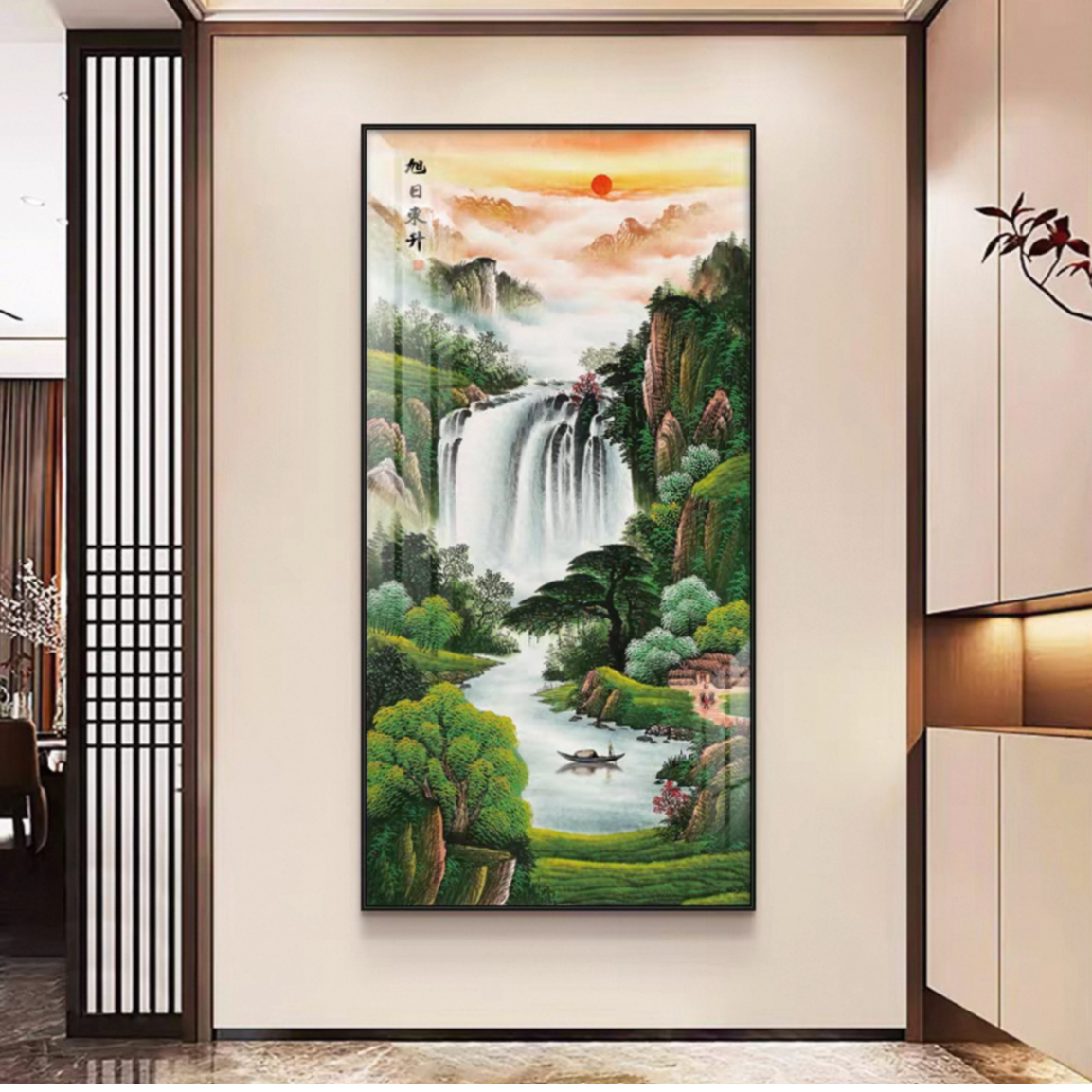旭日东升山水画流水生财中式挂画玄关过道壁画客厅装饰画流水挂画