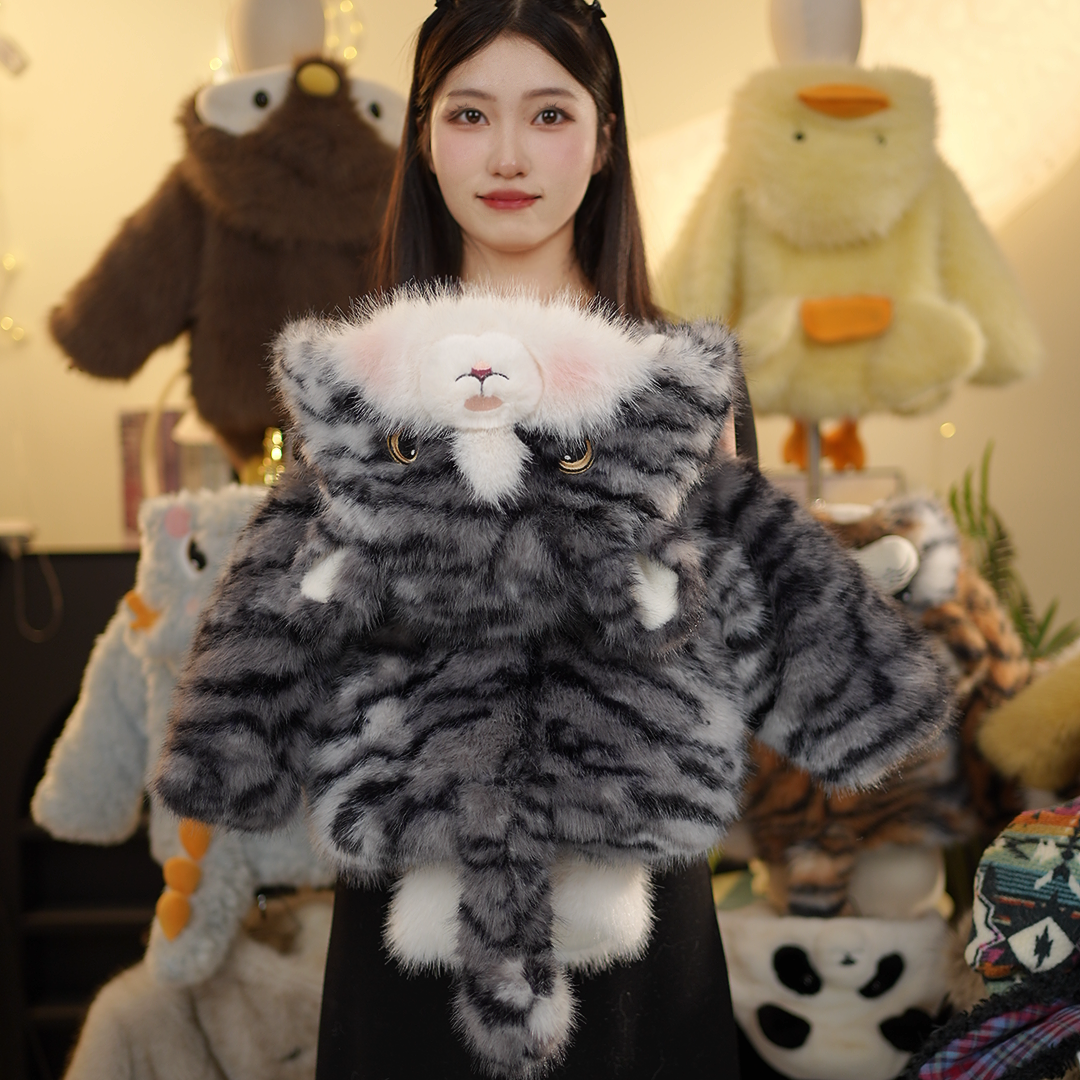 MC亲子男女童冬款毛绒毛茸茸萌宝虎纹猫草草冬季保暖加厚外套