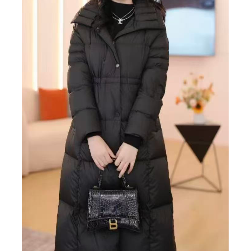 901款【翻领格子】收腰长款羽绒外套