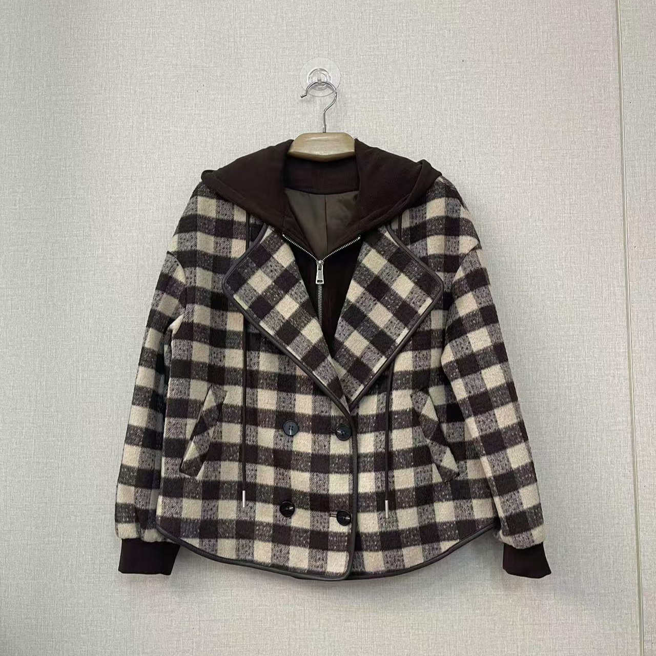 祥好服饰 冬季假两件咖格子外套 0756-184