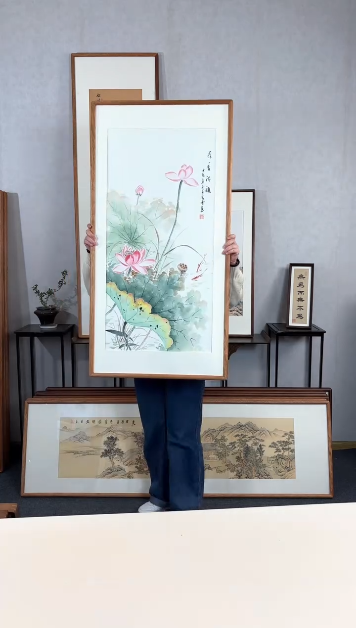 【闪购商品】国画手绘*荷香青韵*62*123cm实木框