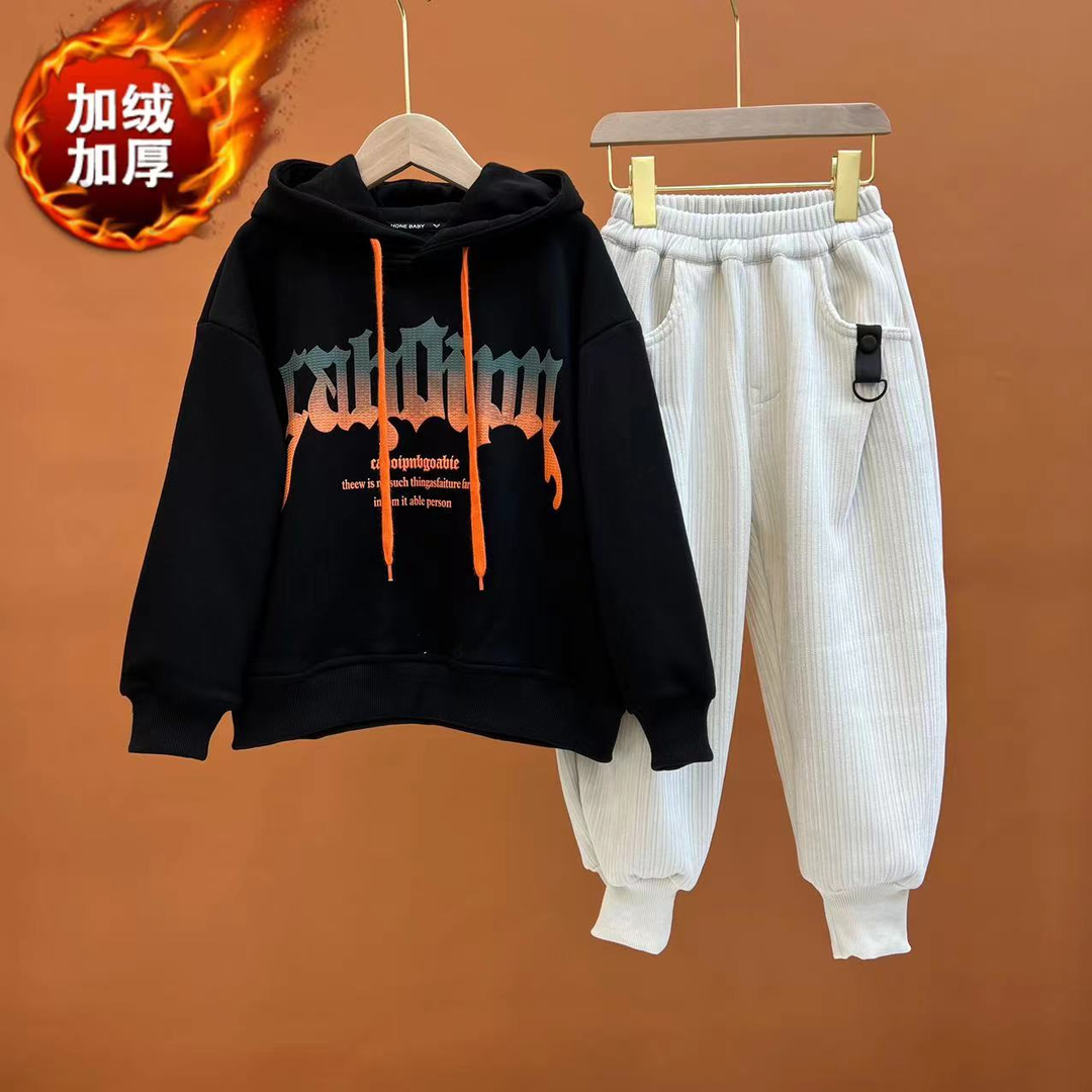 冬款加绒男女童加绒卫衣套装中大童一体绒上衣亲子装