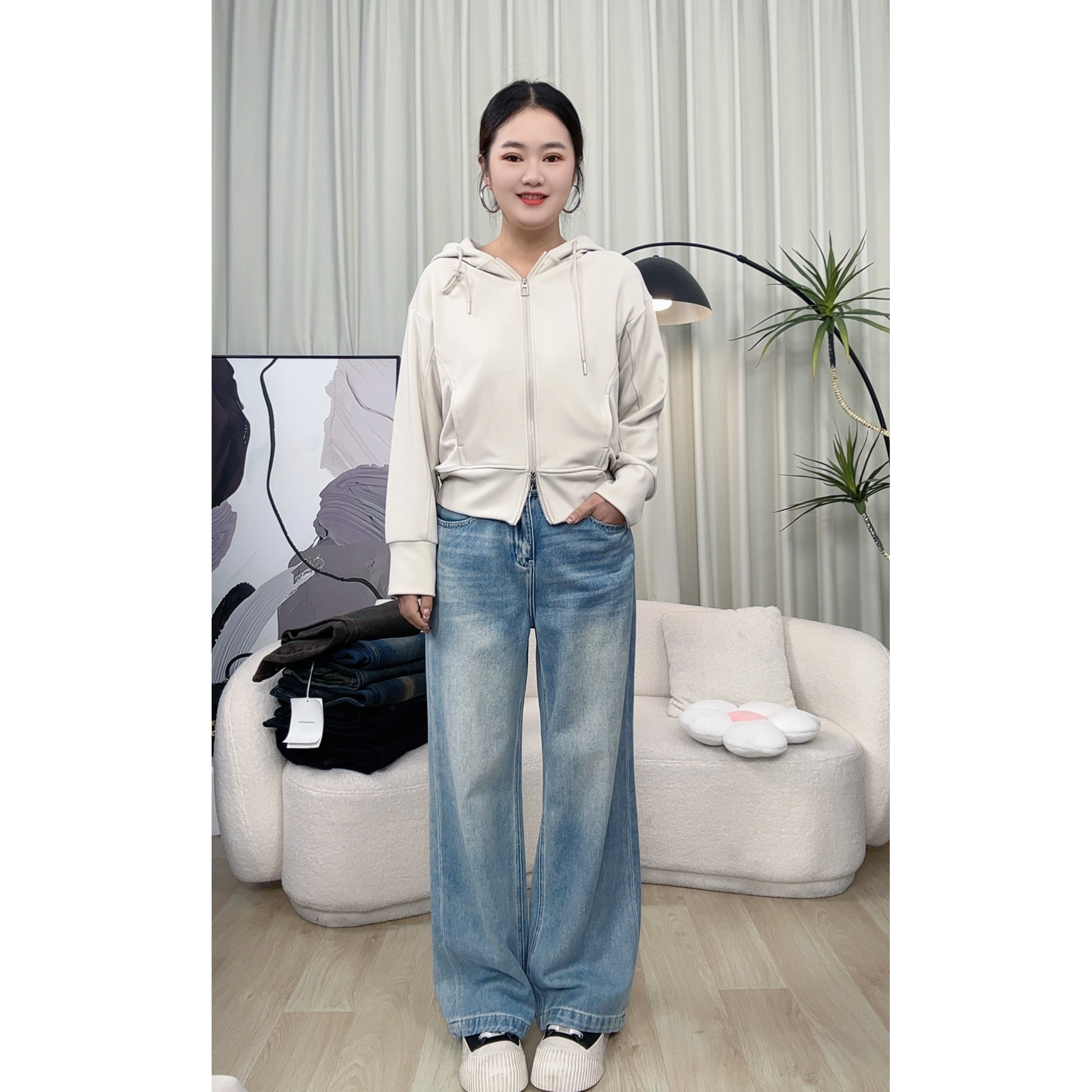 【云柔漫步】春季新款高腰阔腿裤牛仔裤直筒裤1988-H2082