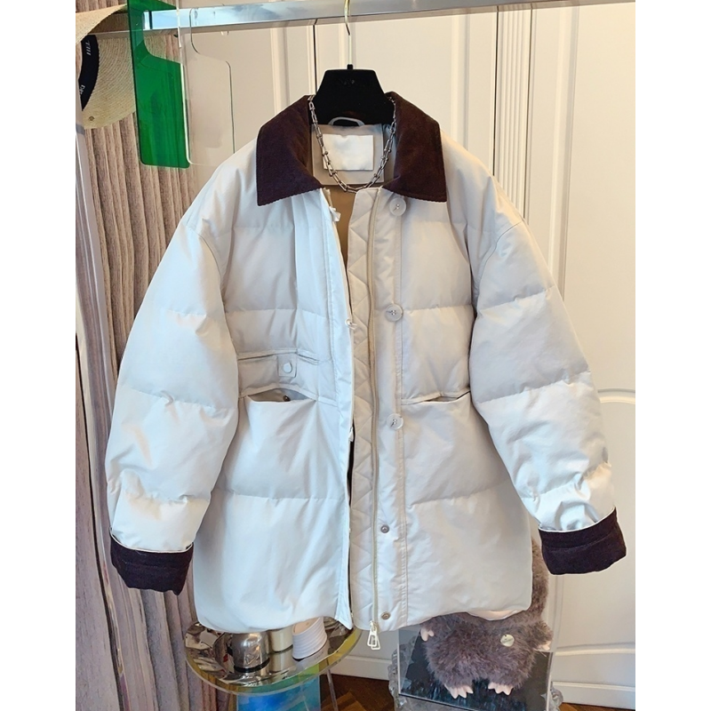 时尚高级感巴恩风灯芯绒撞色面包服宽松中长款加厚外套大衣女冬装