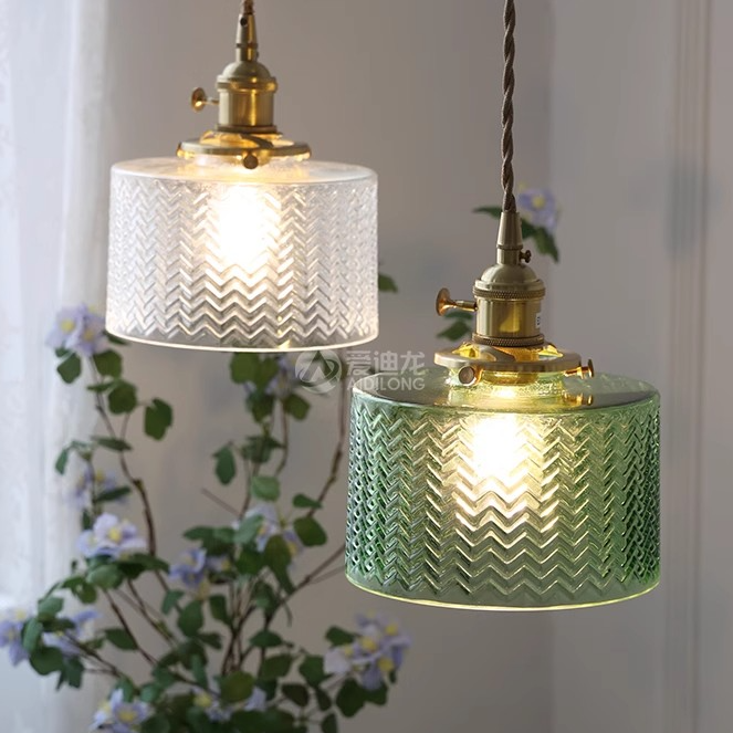 日式复古黄铜玻璃极简民宿卧室过道灯阳台吧台酒吧单头绿色小吊灯