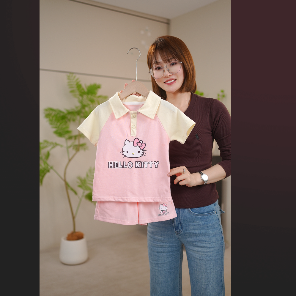 Hello Kitty时尚休闲洋气透气女童夏季卡通纯棉短袖套装