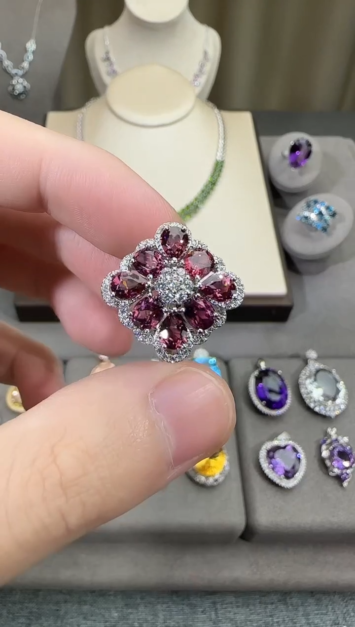 银S925镶嵌戒指石榴石20mm戒指设计款