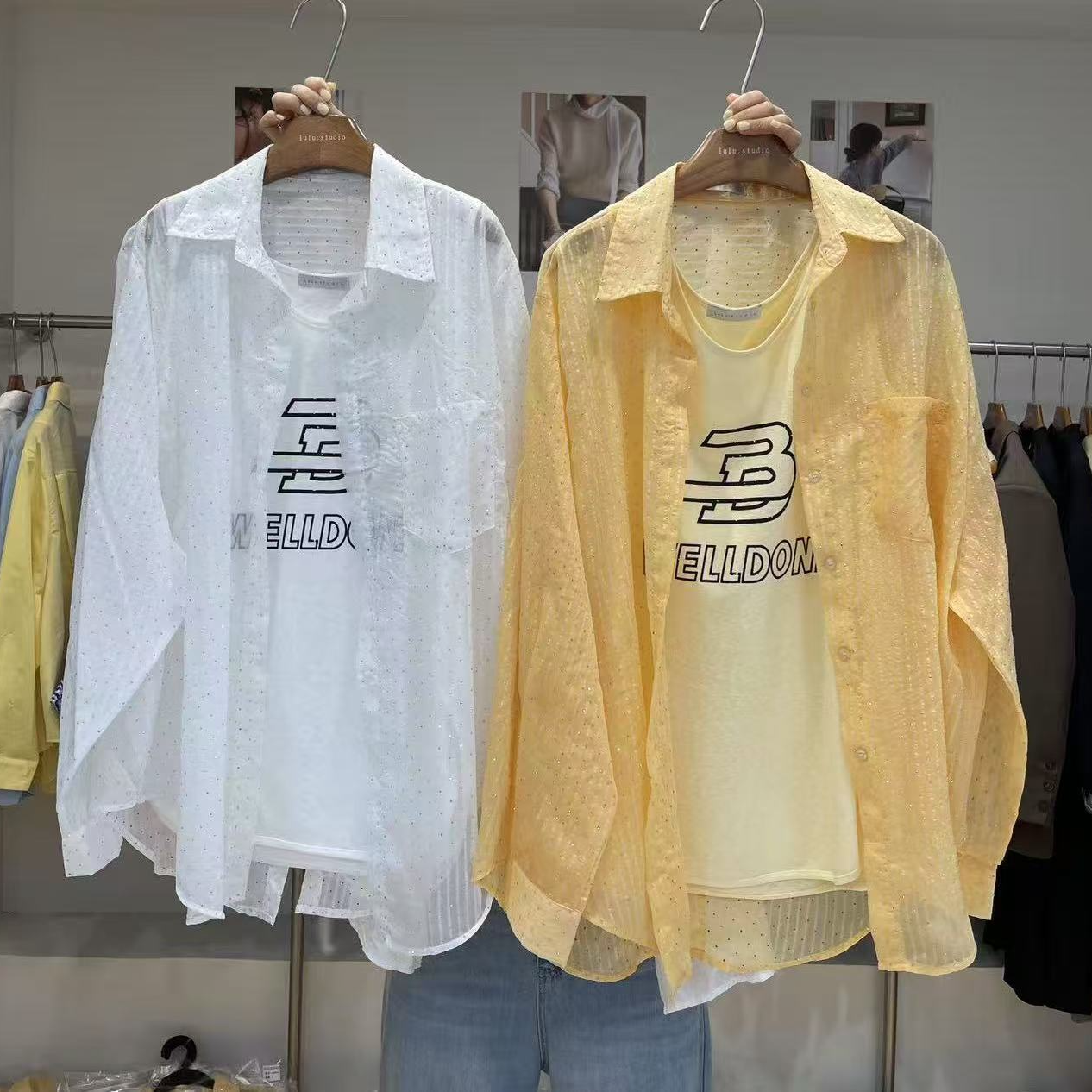 14XLJ慵懒风爆闪字母衬衫两件套25030