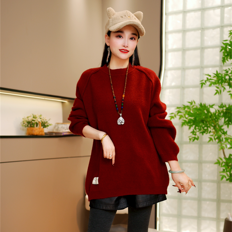 简约风圆领套头针织衫女士宽松遮肉高级感长袖毛衣内搭上衣