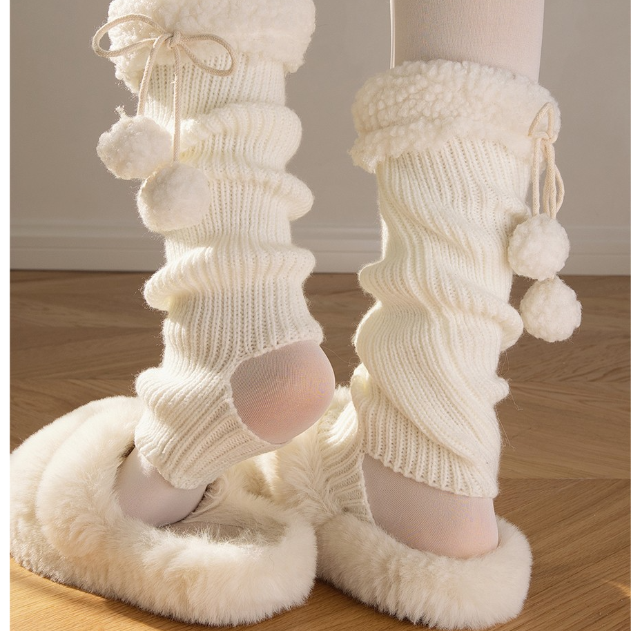 抵达一楼 羊羔毛针织袜套秋冬可爱毛绒腿套花边中筒