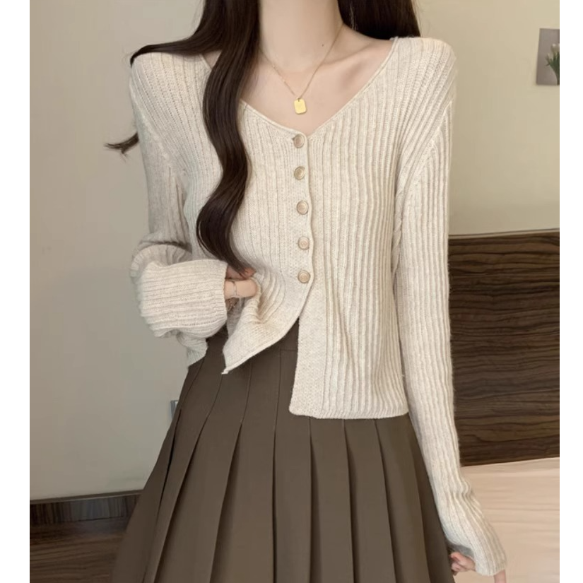 2025春季新款大码女装短款V领针织开衫外套胖mm显瘦遮肚长袖上衣