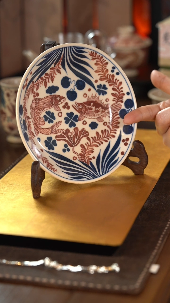 【闪购商品】霖松堂 鱼藻青花拓片红 六方底壶承