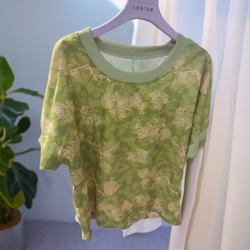 A170舒适时尚百搭绿色女士夏季印花圆领