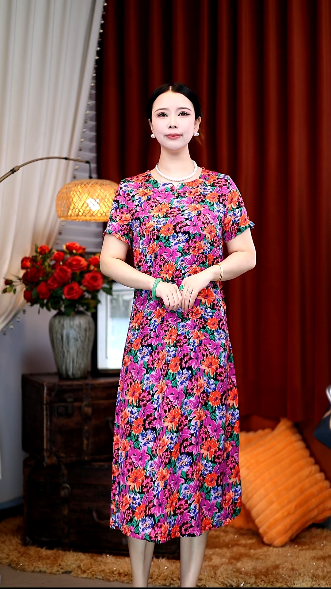 红樱花X694-夏季新款时尚大码气质显瘦中长款连衣裙