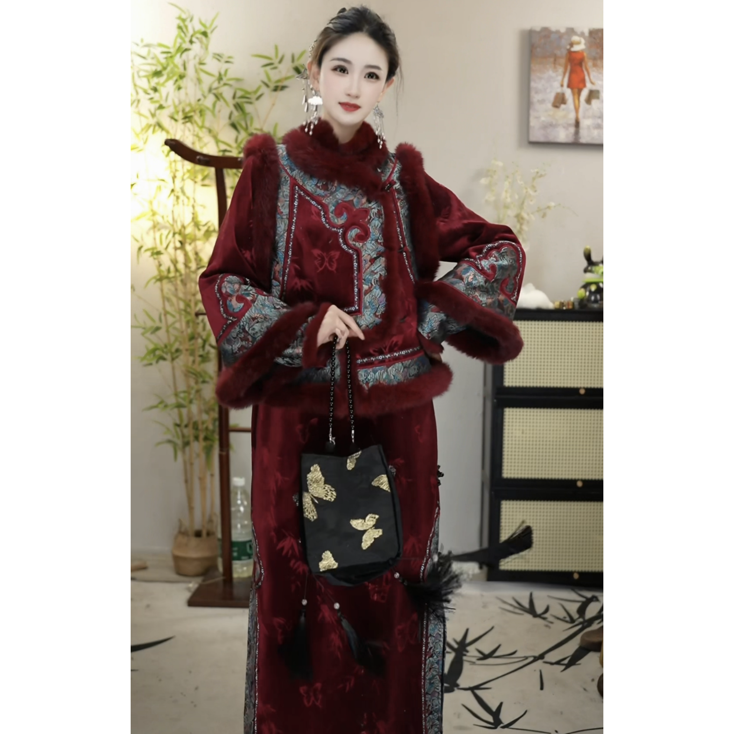 夏维莲2024冬季新款红色加绒复古日常女装裙子（2444+2454）