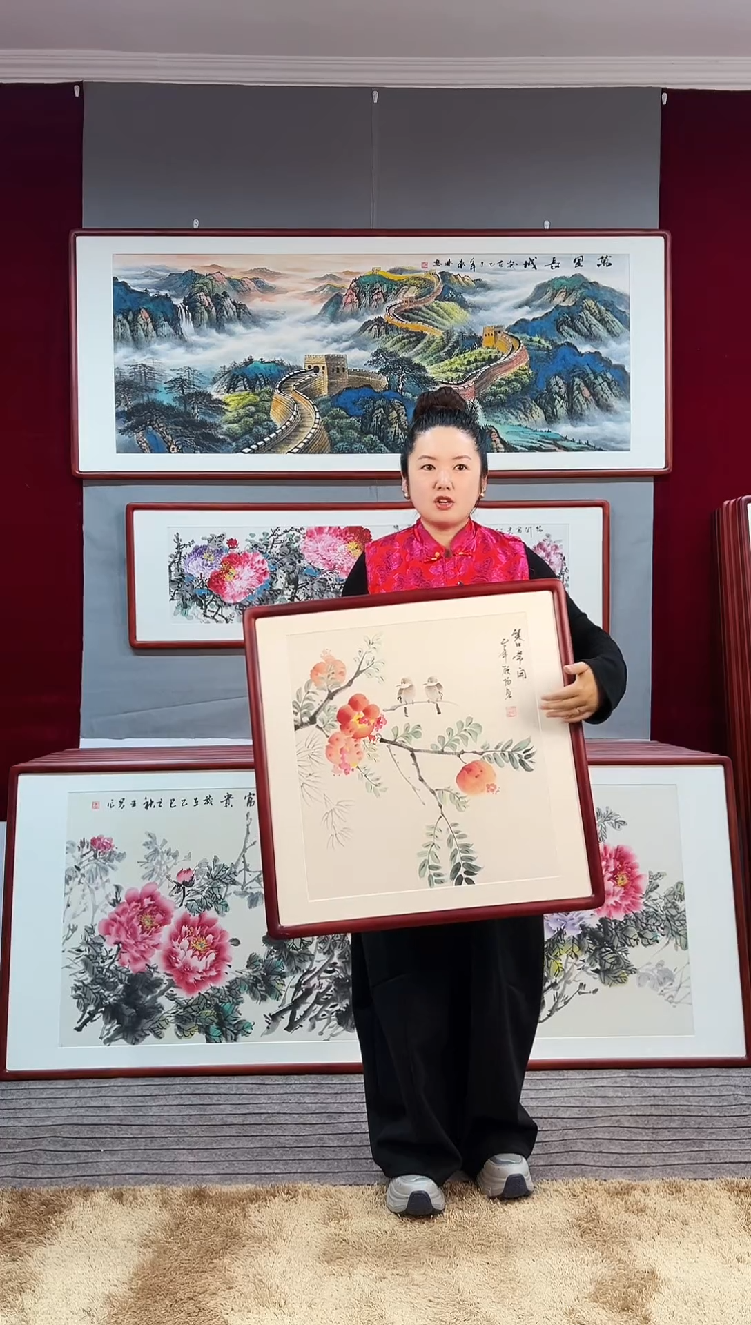 国画手绘斗方石榴实木带框63*63厘米