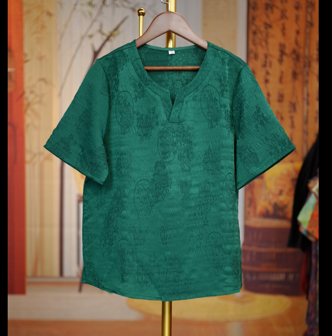 三色冠乐绉小V领国风气质小衫