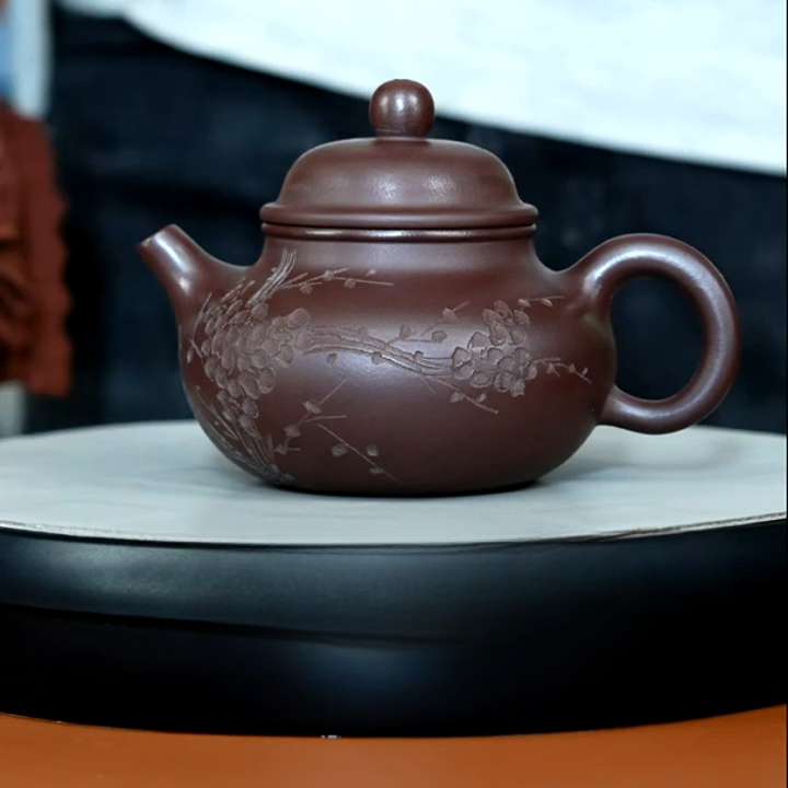 紫砂壶茄皮紫泥清香刻绘容天290CC
