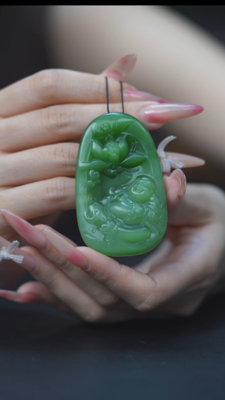 颈饰未镶嵌和田玉碧玉弥勒莲花挂坠HT130198