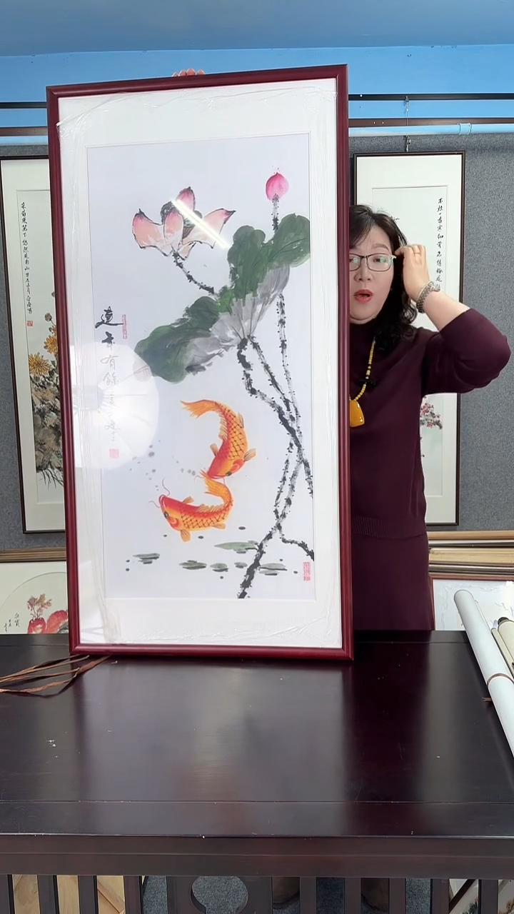 【闪购商品】国画实木装裱  荷花鱼  60*120
