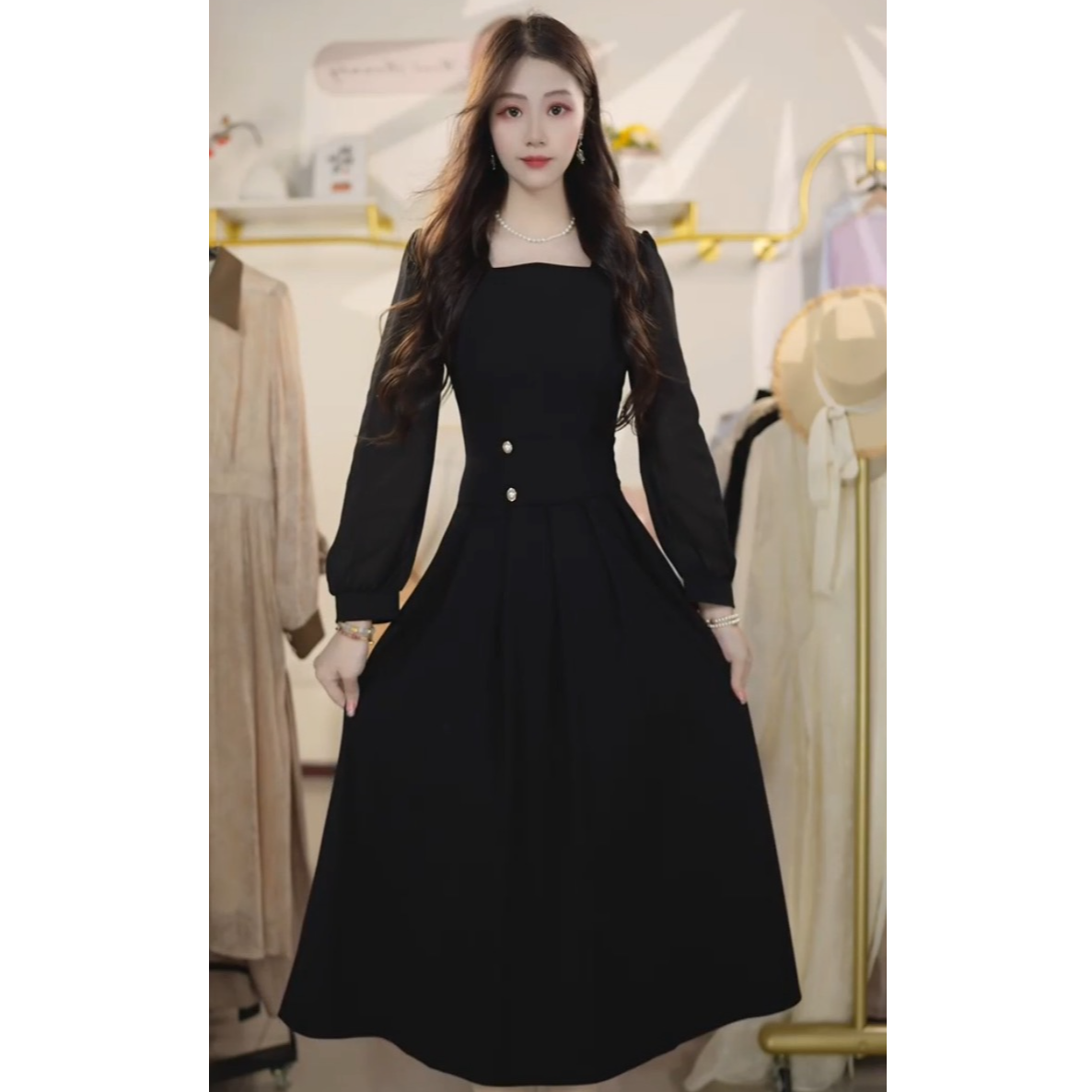 秋季新款轻奢常规显瘦复古礼服修身抹胸型长袖连衣裙Y6583101