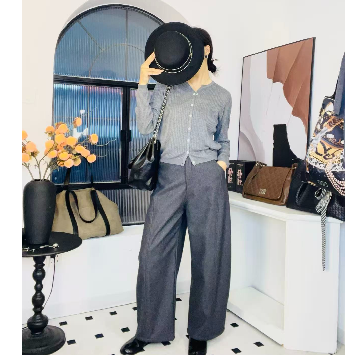 2169款45梭织料羊毛裤阔腿小弯刀裤常规版加长版加绒裤气质百搭