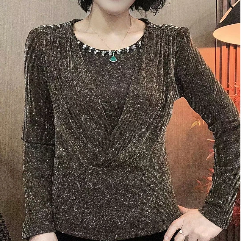 冬季新款加绒时尚气质交叉领小衫洋气百搭串珠长袖打底衫