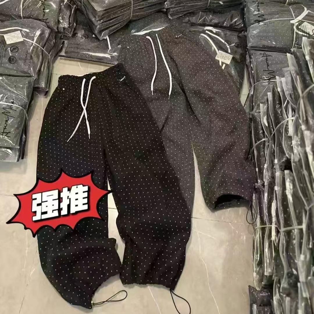 D1166新款松紧腰系带抽绳收口两穿波点休闲加绒长裤