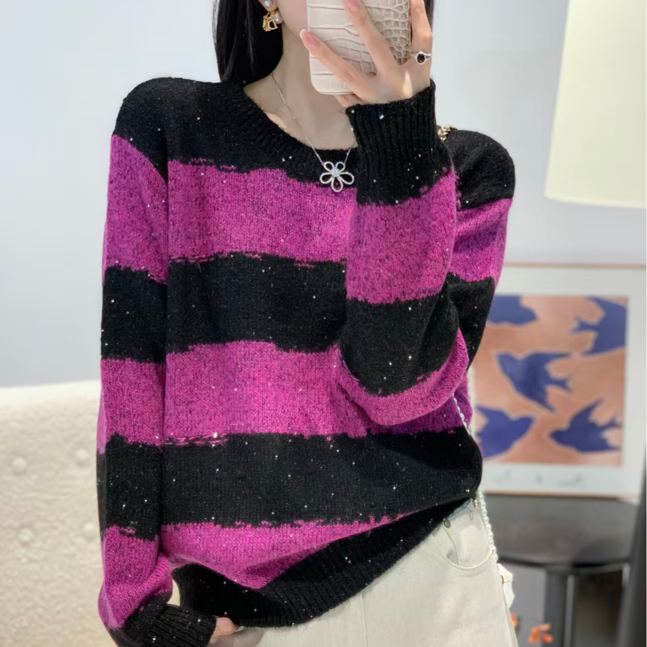 【例畔精选】韩版气质圆领亮片撞色宽条纹减龄洋气百搭针织衫A885#