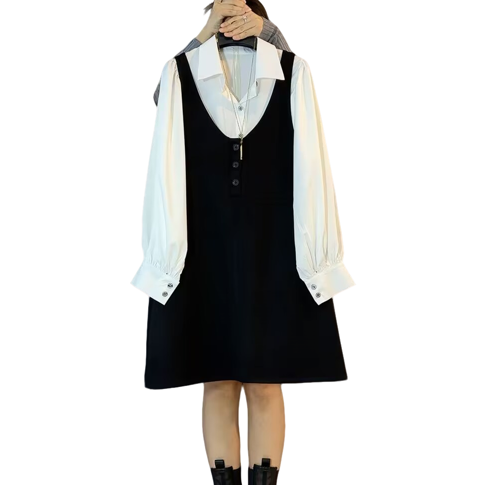 大维罗依ZH欧货简约气质衬衫背带裙两件套