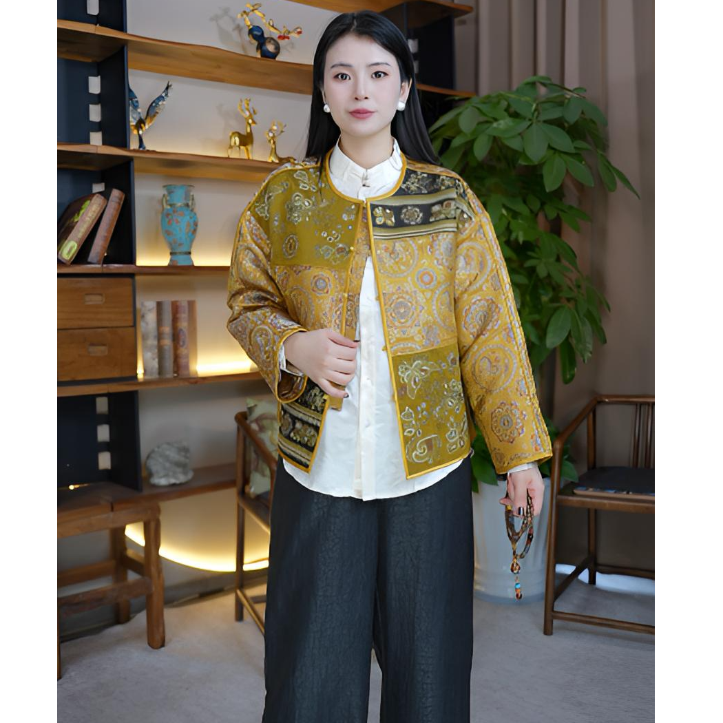 沐染2026新款宋锦拼接香云纱重工刺绣款外套Y51012