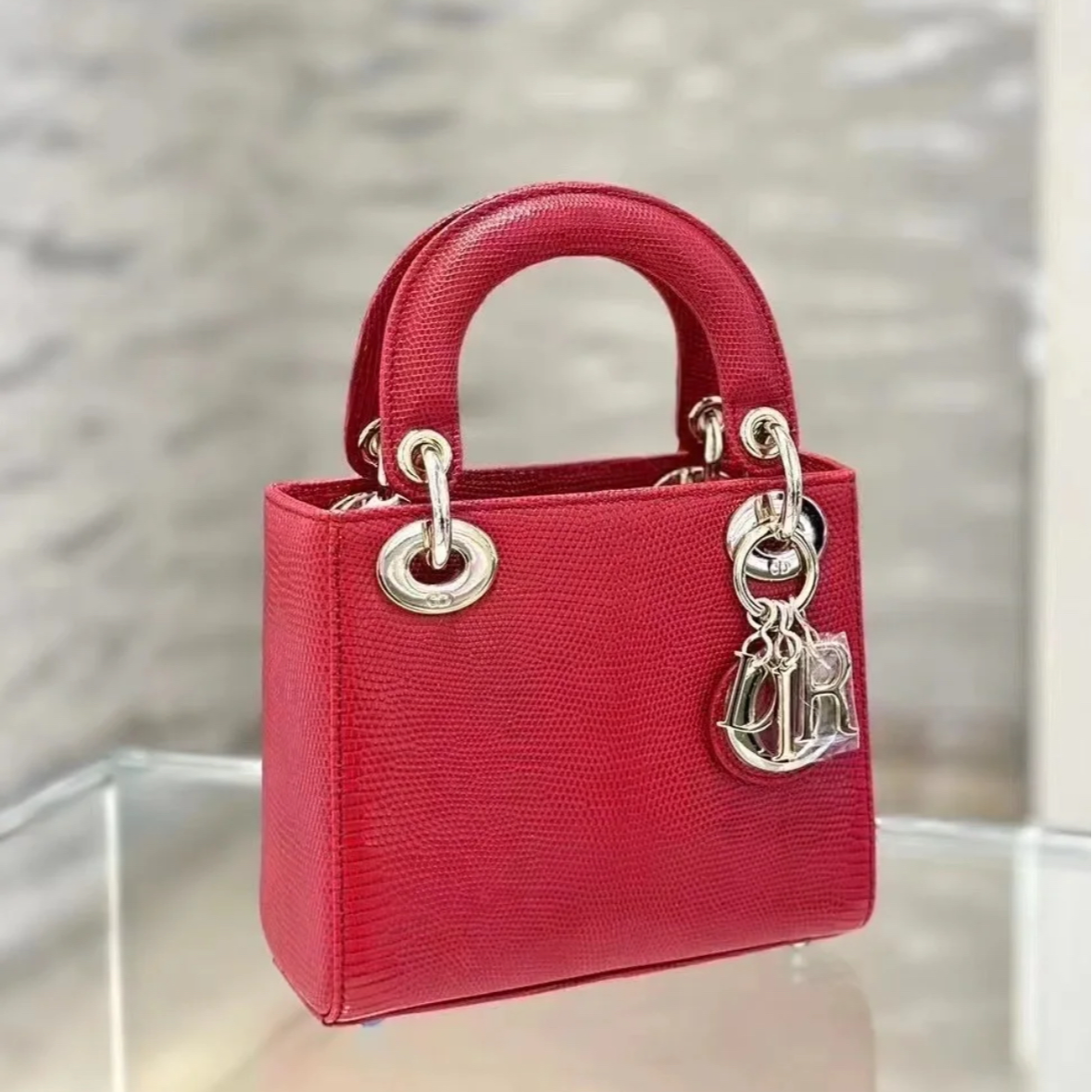99新 DIOR/迪奥 小花姑姑742646戴妃包 三格红色蜥蜴皮18年