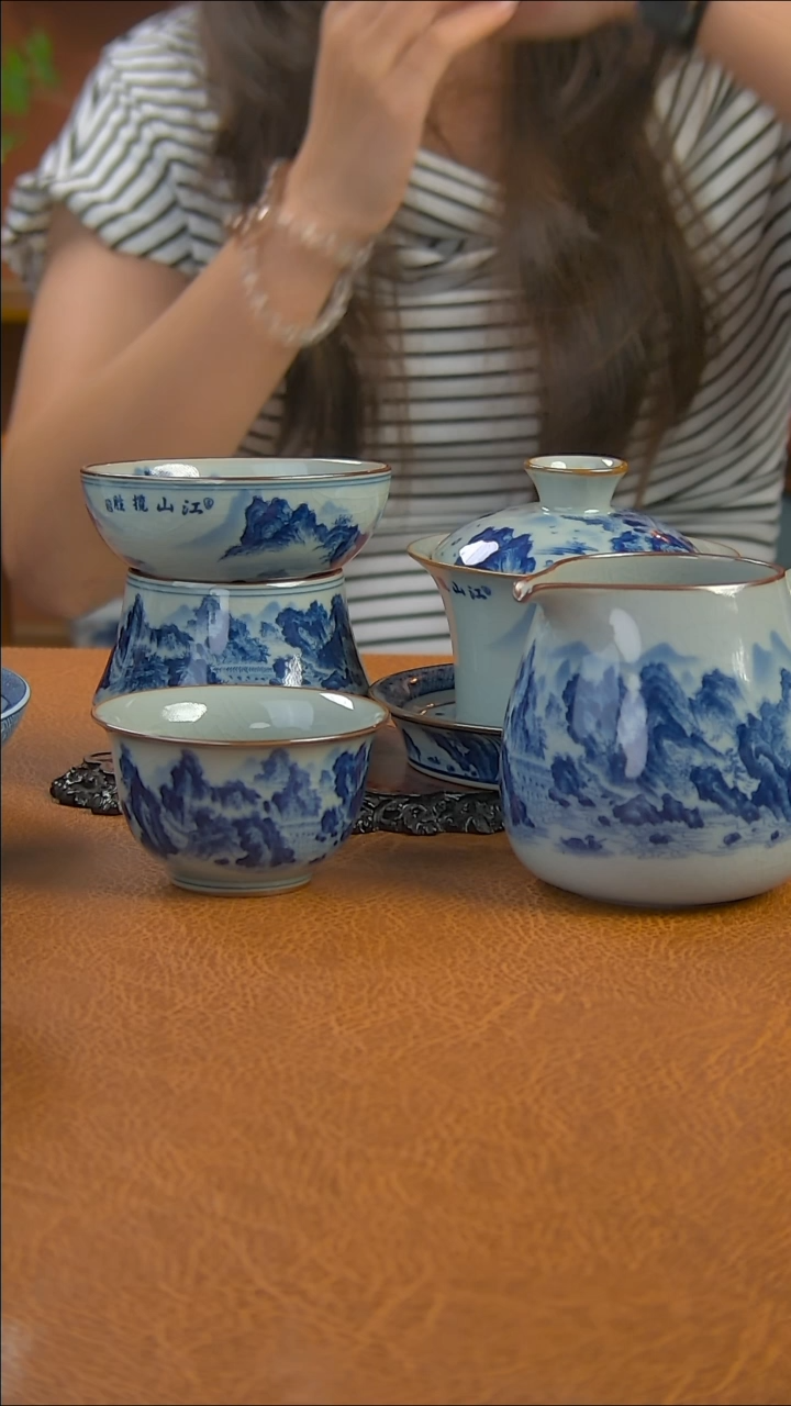景德镇手工青花江山揽胜盖碗加茶漏加公道花主人杯