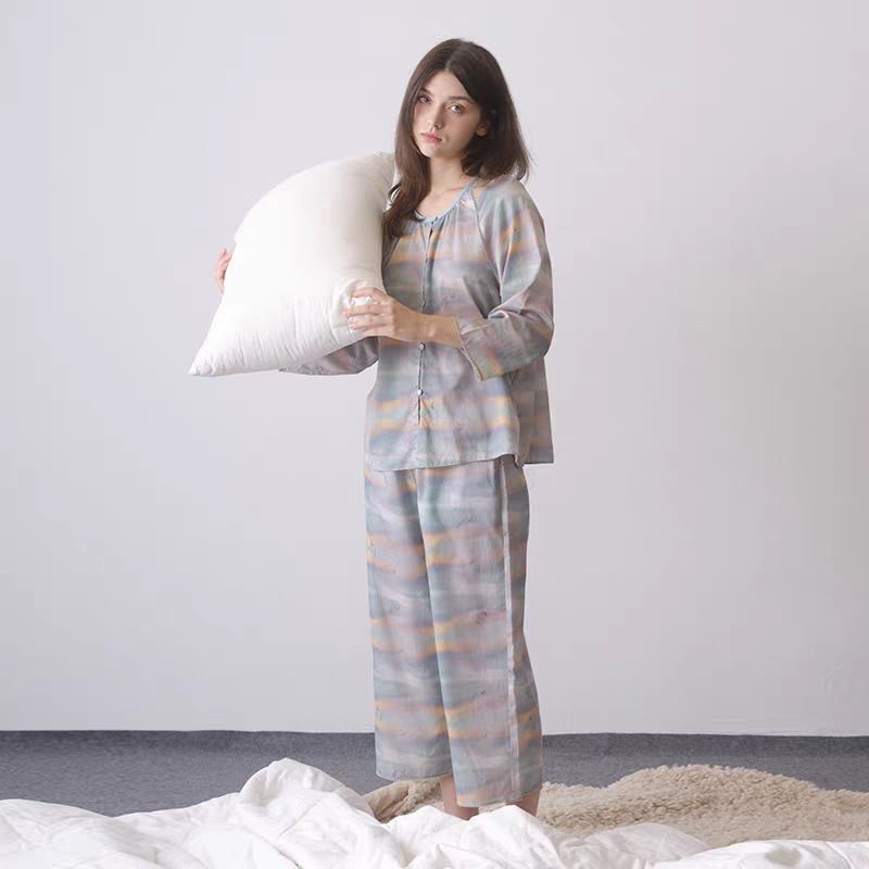 朵朵可可专柜款2024秋贡缎纯棉印花睡衣女可爱圆领套头家居服套装