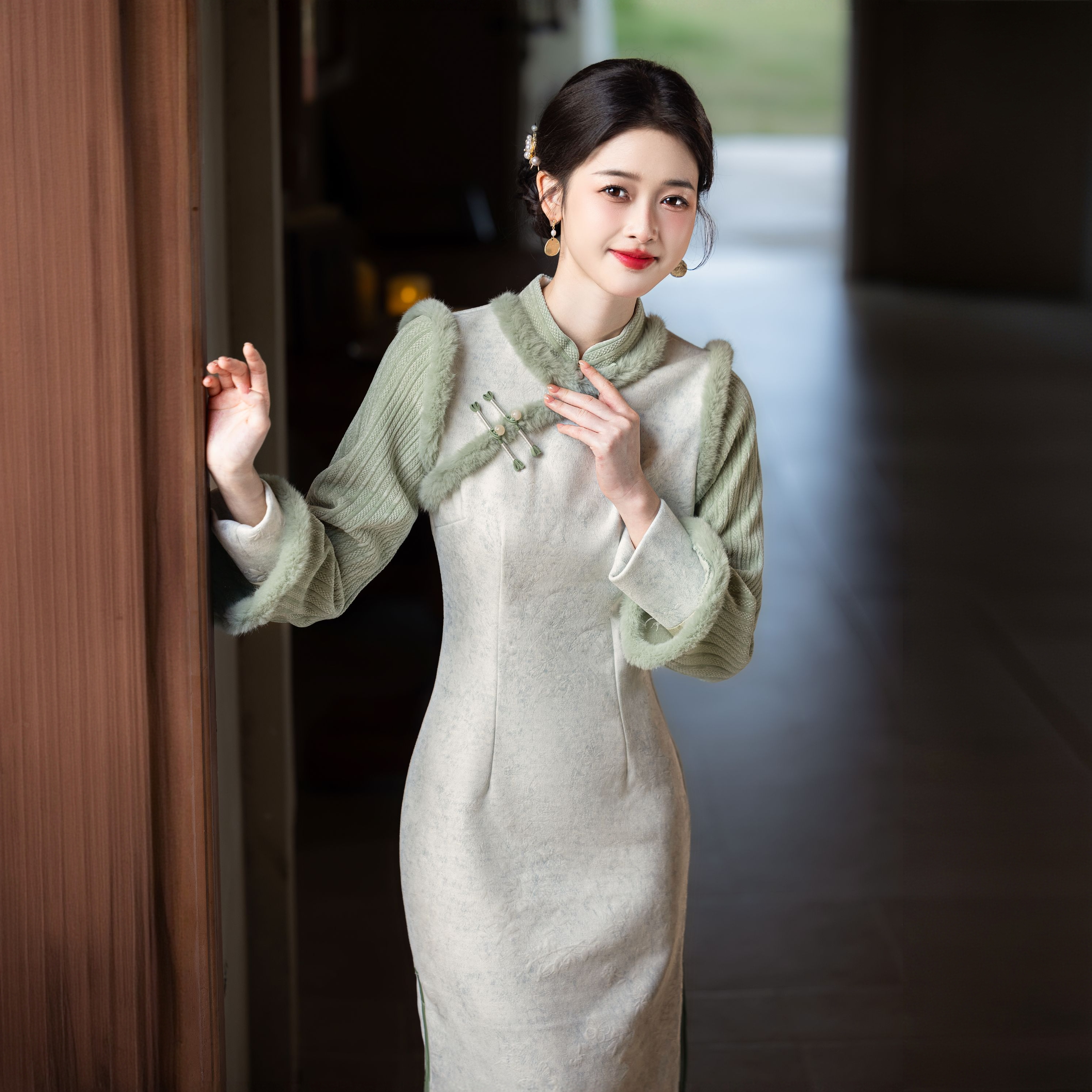 旗袍显瘦气质小个子修身日常日常中国风优雅冬款绿色复古