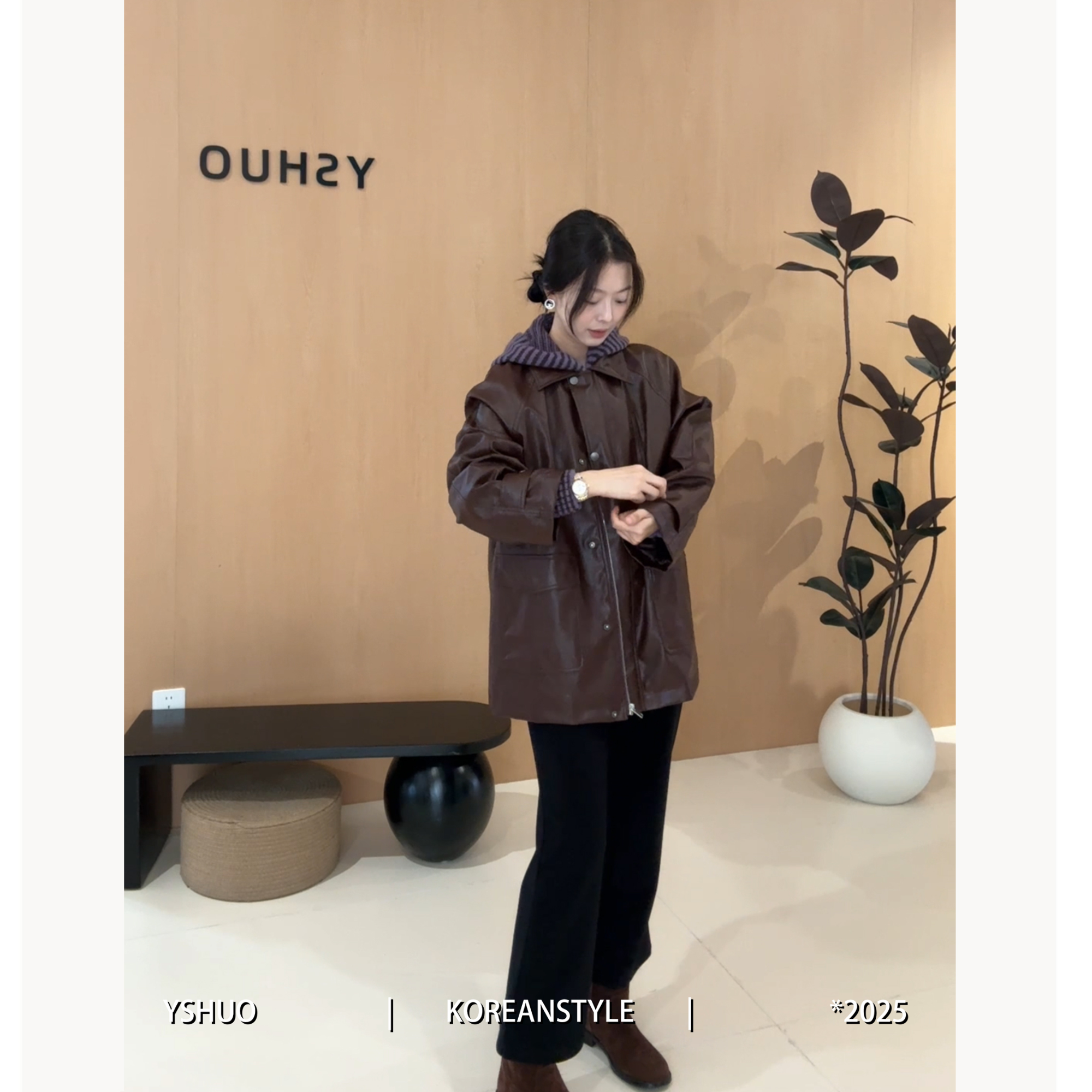 【嬉皮都市】重工插肩袖皮衣气质光泽感风衣夹克中长外套9609