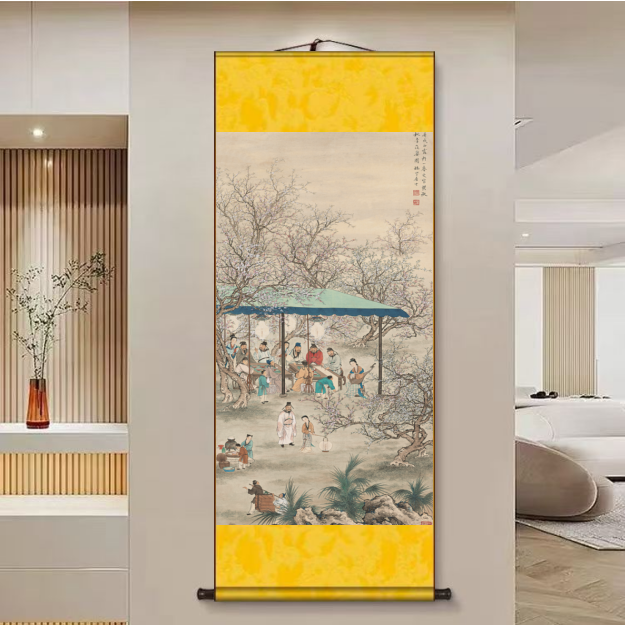 【桃李夜宴图】140*45新中式竖幅实木卷轴挂画客厅书房玄关茶室挂画
