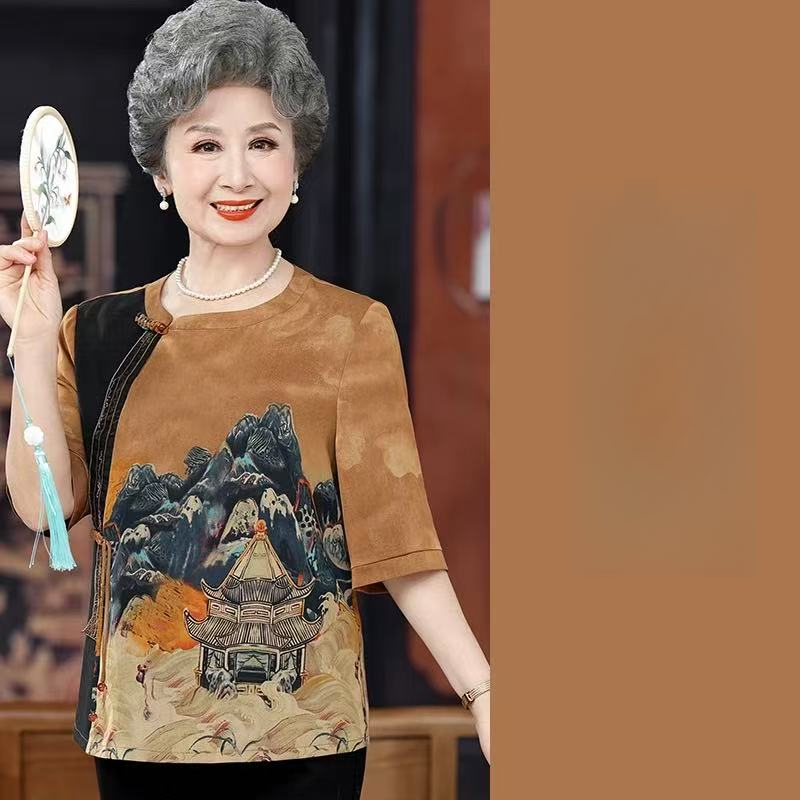 70072-2夏季国风中老年女装短袖T恤上衣气质妈妈装琉璃软纱