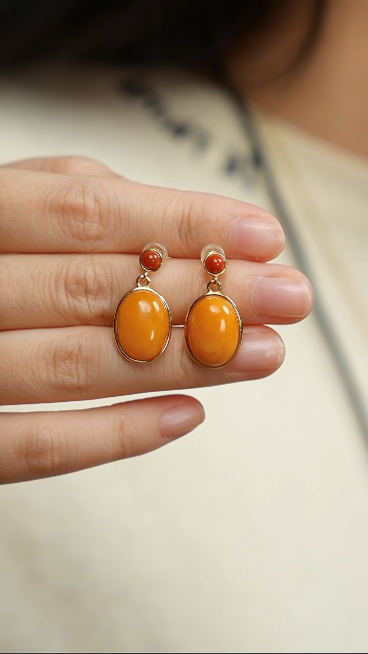 蜜蜡银S925镶嵌耳坠老蜡