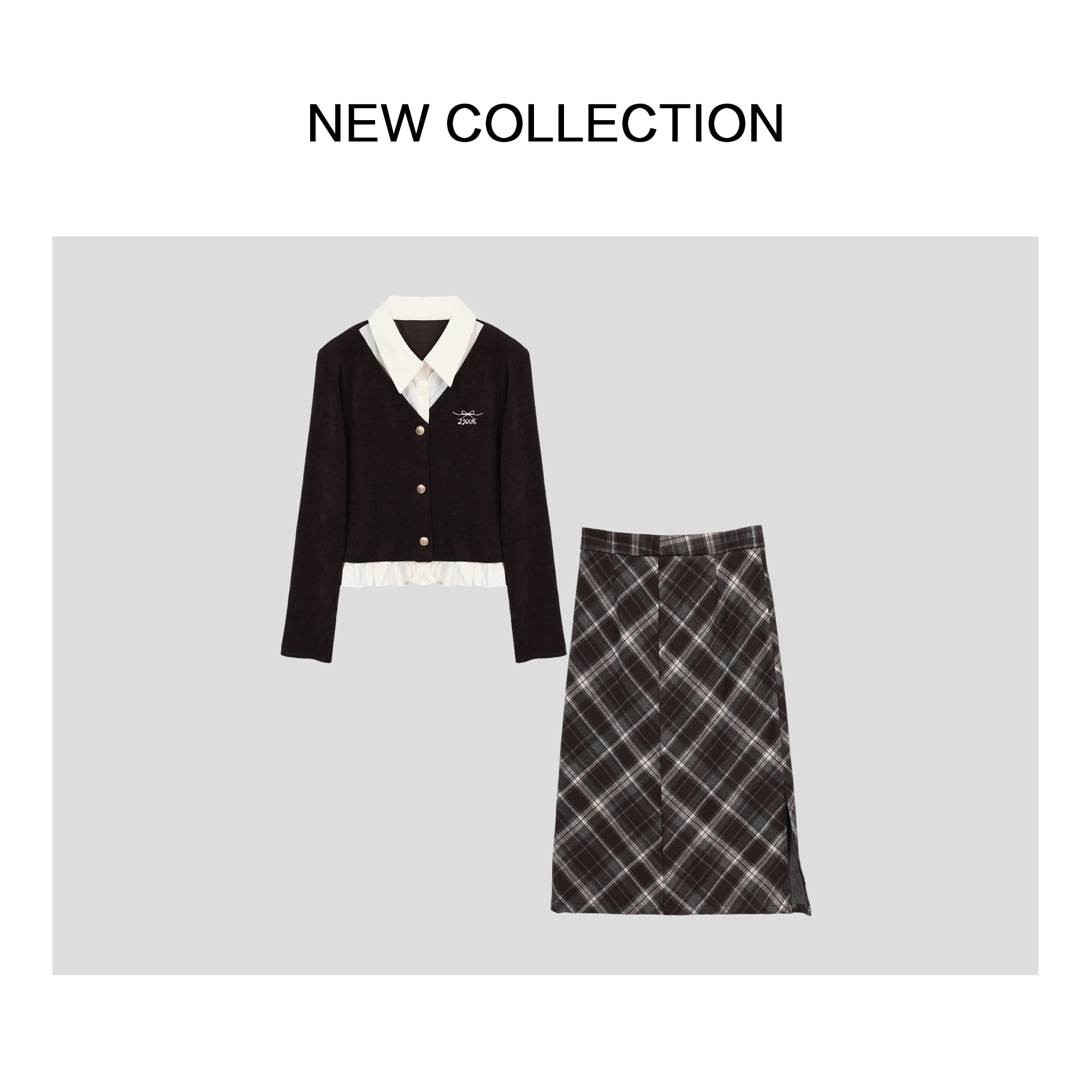 新款复古风撞色领上衣+半长裙套装 D5516039A-6039