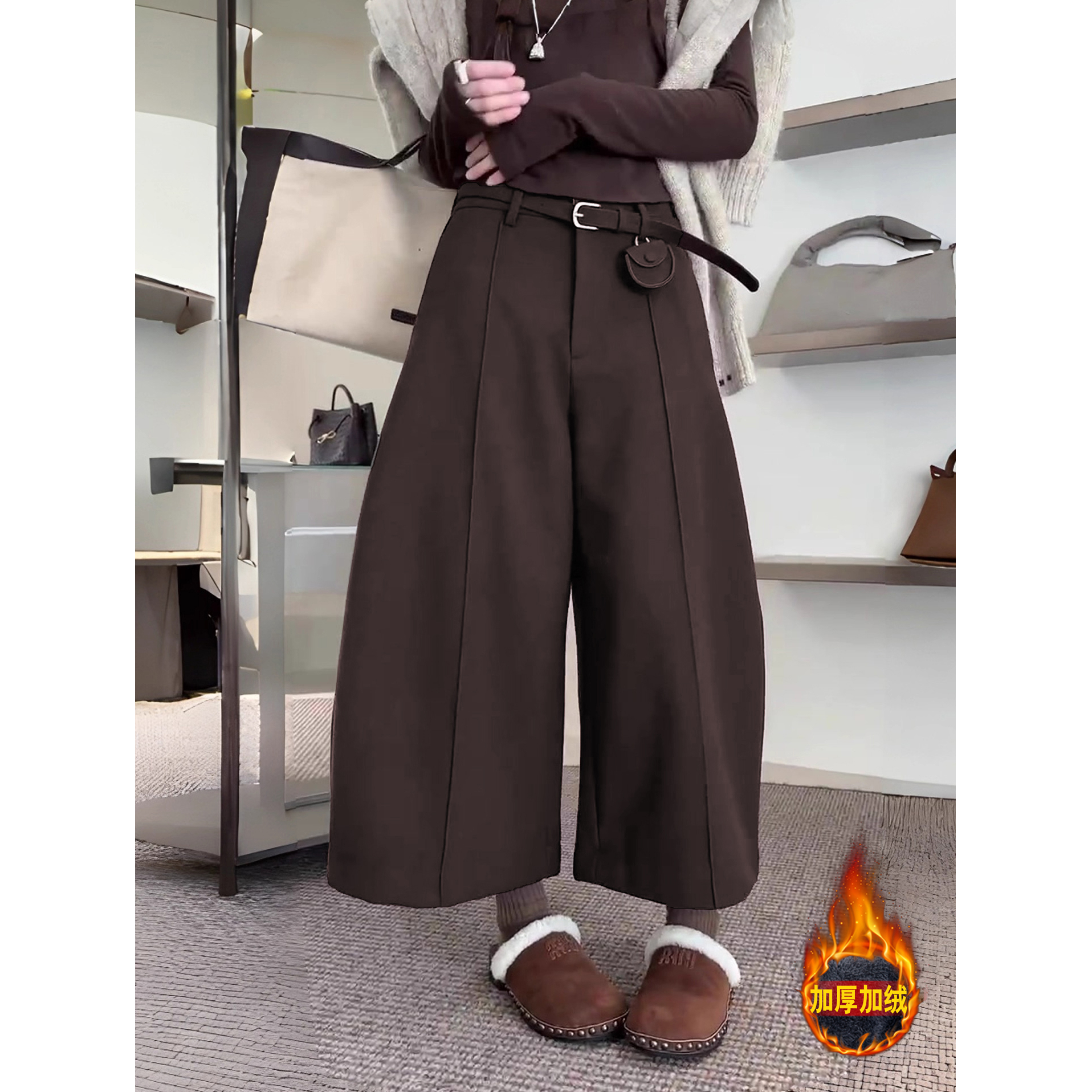 【羊毛裤】加绒加厚弯刀九分呢子裤女2025新款时尚高腰显瘦阔腿裤女