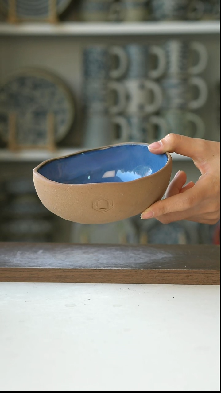 陶粗陶手作海洋蓝米饭碗/酸奶碗13cm@4-2@微瑕