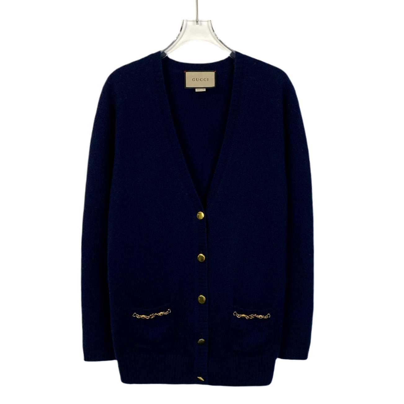 99新 GUCCI/古驰 H13593 深蓝色链条山羊绒长袖针织外套 S