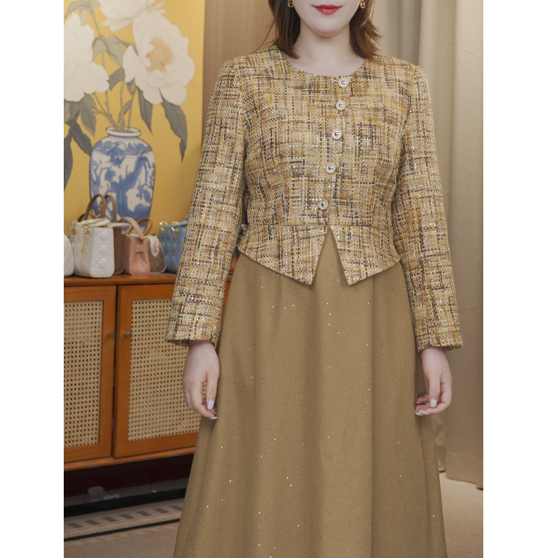 黄色小香风拼接假两件连衣裙秋冬新款优雅知性显瘦A字裙（有内衬）