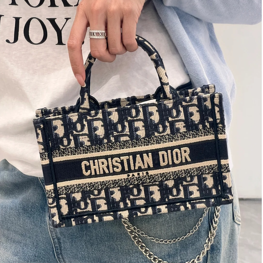 95新 DIOR/迪奥 -100活动攀攀Book Tote 迷你 21.5 墨蓝色 帆布