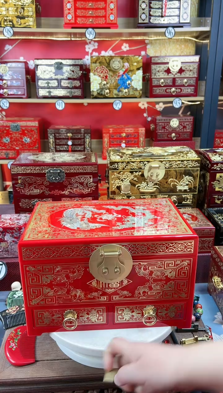 【闪购商品】28厘米三层双抽掐丝螺钿镶嵌红色龙凤呈祥