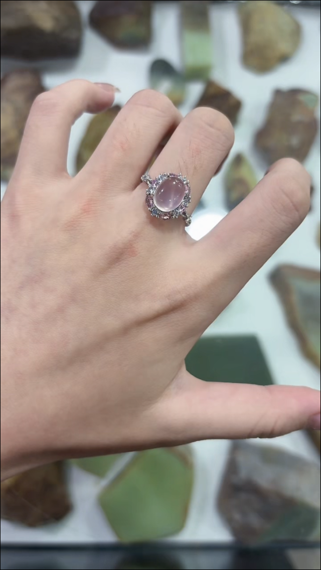 s925银镶嵌粉水晶芙蓉石繁花开口戒指公主风精美戒指