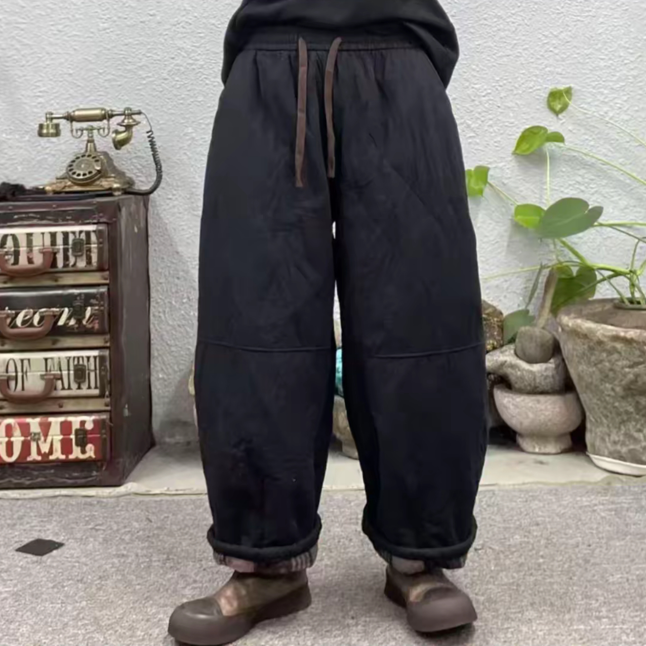 复古菱格绗线加棉加厚纯棉显瘦宽松保暖女休闲长裤