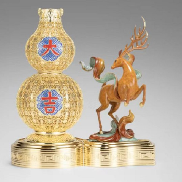 福鹿相依套装 花丝珐琅铜葫芦客厅装饰品乔迁新居礼物